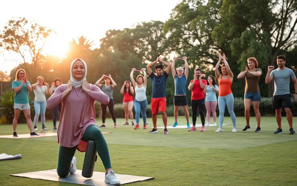 pessoas se exercitando em academia ao ar livre